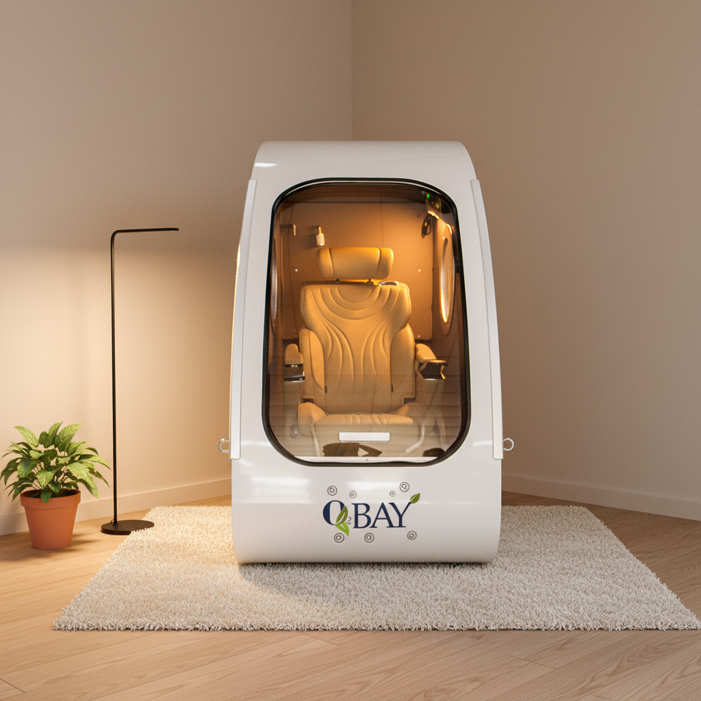 O2BAY seated hard shell hyperbaric chamber positioned in an indoor room